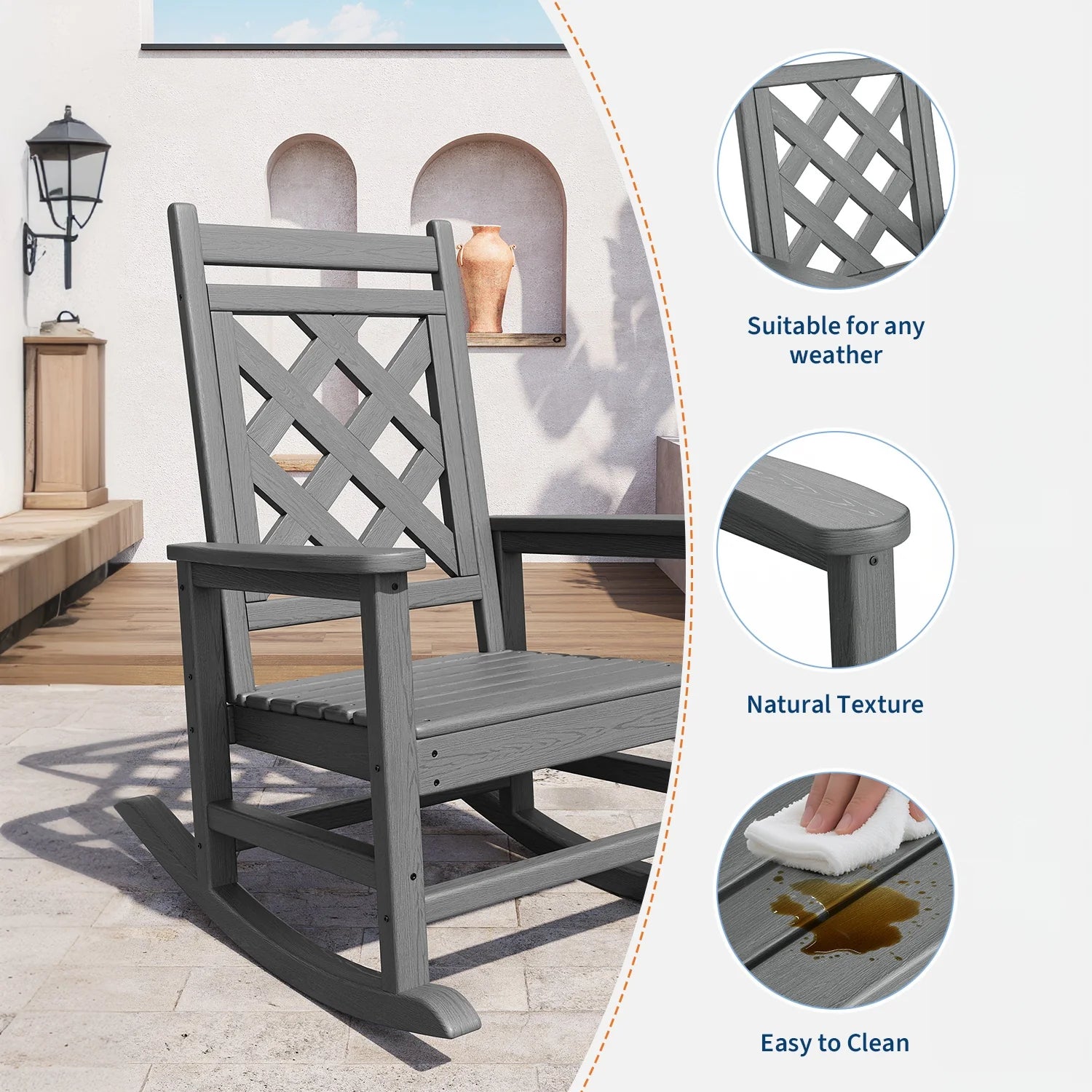 Garvee Outdoor Schaukelstuhl HDPE Holzoptik, 172 Kg Tragkraft, Ergonomisch, Wetterfest, Für Garten & Terrasse