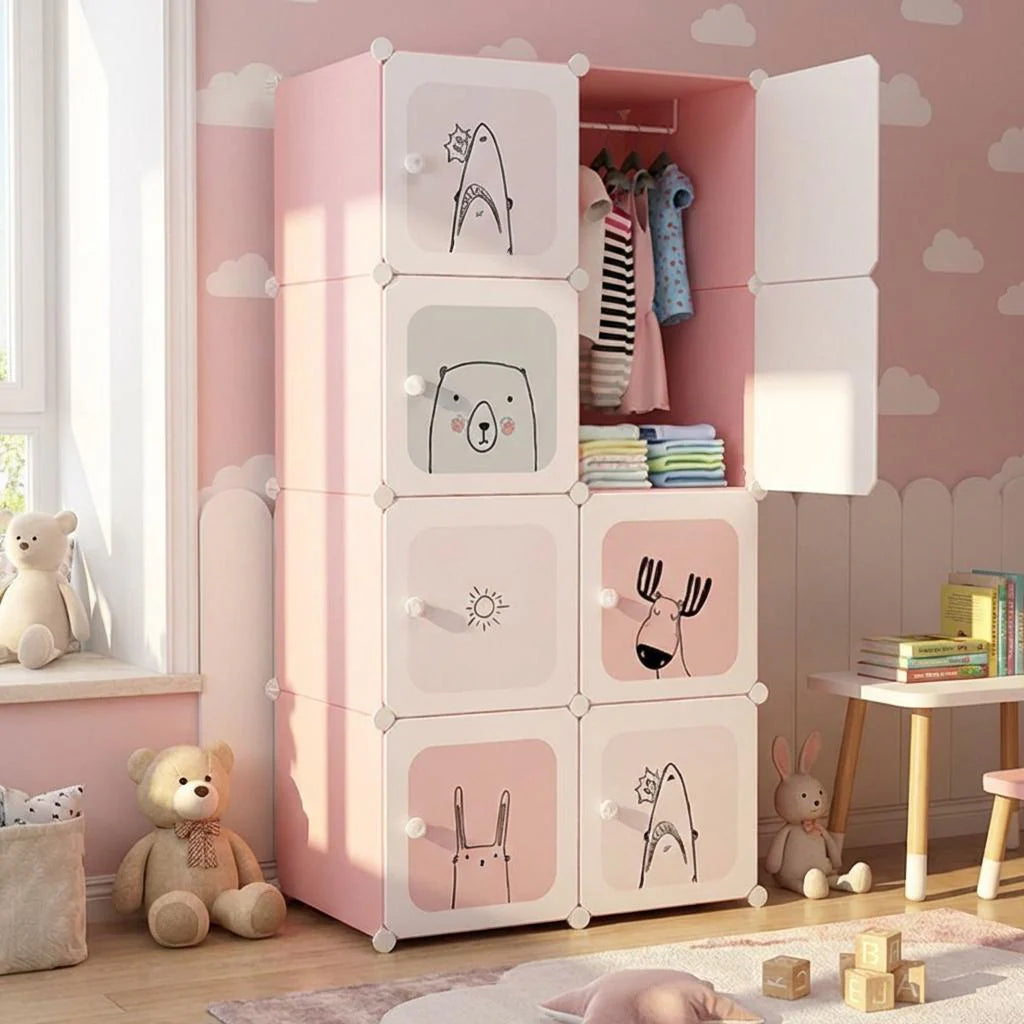 Garvee Modularer Kinderkleiderschrank DIY, Platzsparend, Robust, Rosa, Für Schlafzimmer & Flur