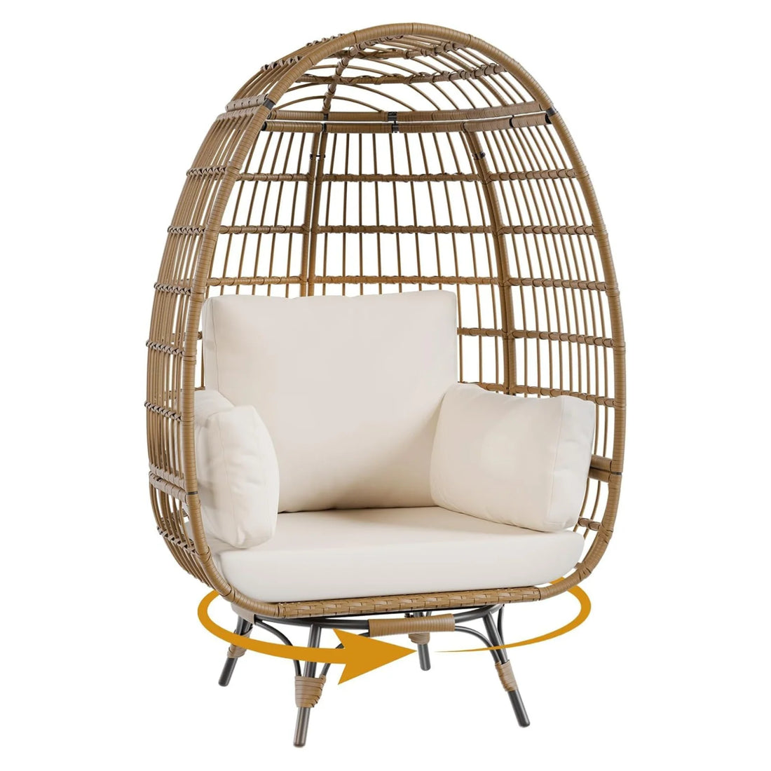 Garvee Rattan Ei Stuhl 360° Drehbar, Mit Kissen, Stahlrahmen, Für Innen & Außen, Braun+Beige