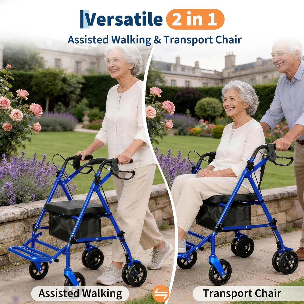 Garvee Rollator faltbar mit 4 Rädern, höhenverstellbare Gehhilfe mit Sitz und Doppelbremse, stabiler Stahlrahmen, 80–90 cm, für Innen- & Außenbereich, Blau