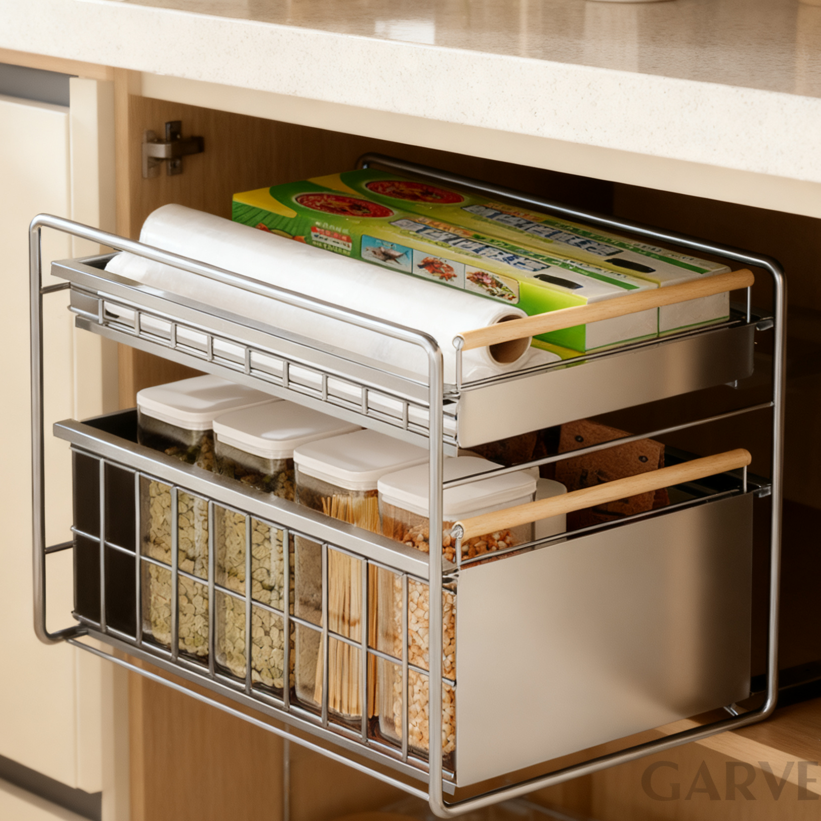 Garvee 2-Etagen-Schubladenorganizer, 39x28x40cm, Silber – Platzsparendes Aufbewahrungssystem für Küche & Bad