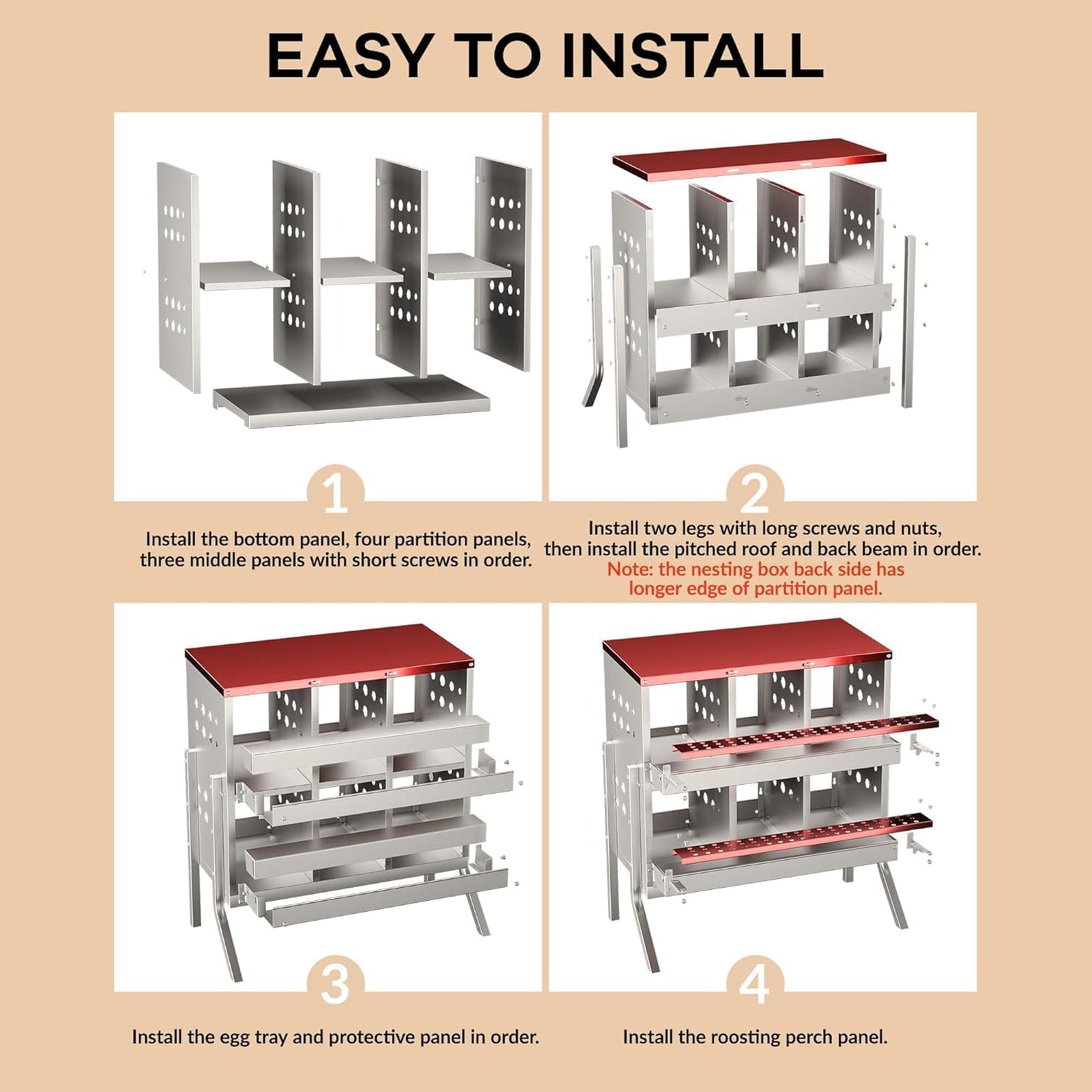 Garvee Hühner Nistkästen 6 Fächer Metall, 69x43x78 cm Gesamt Mit Ständer, 23x25x21.5 cm Pro Fach, Wasserdicht Verzinkter Stahl, Für 6 Hühner (Rot)