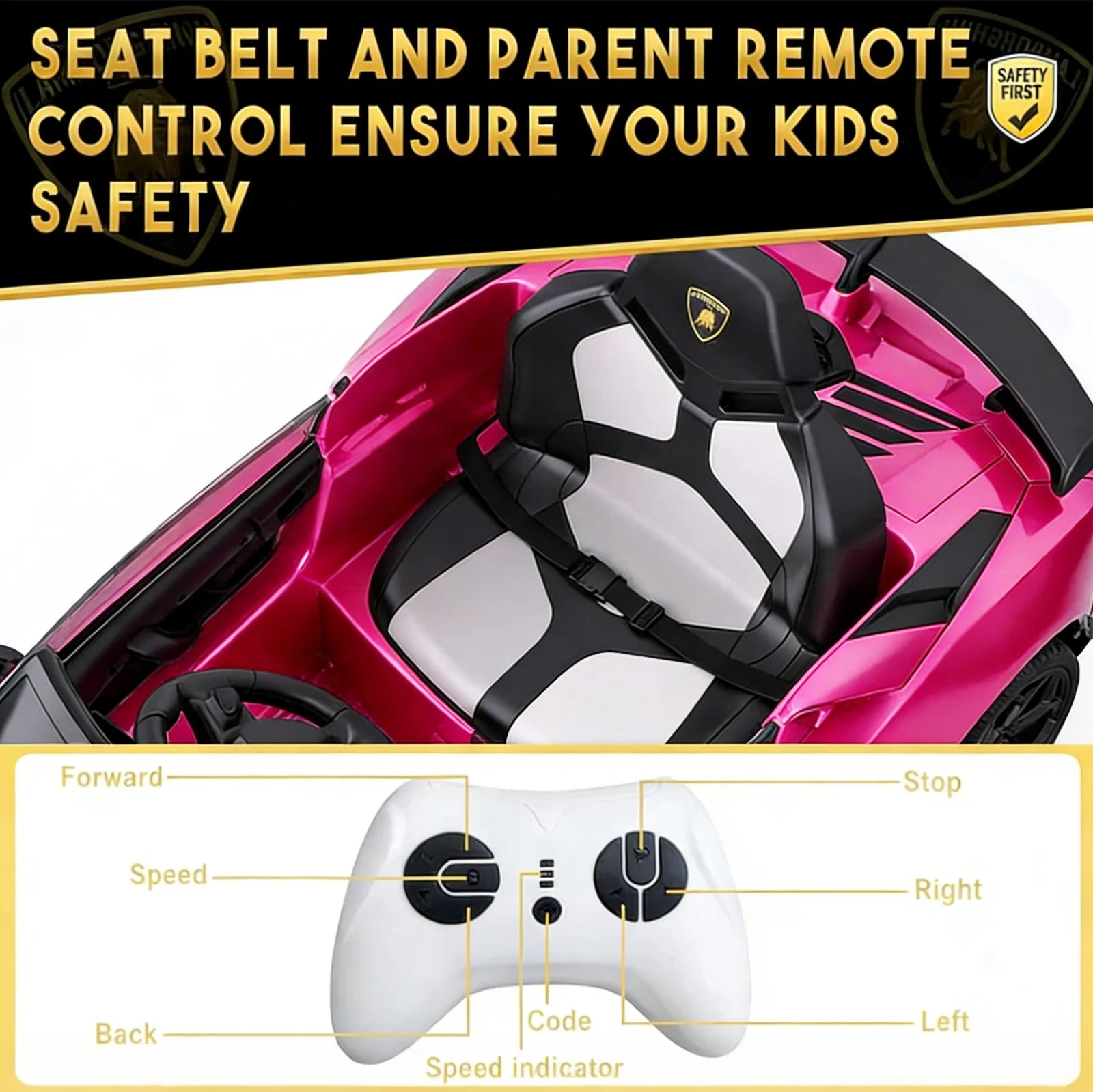 GARVEE 12V Lamborghini Kinderauto Elektrofahrzeug, Mit Eltern-Fernbedienung, LED-Beleuchtung, Soundsystem und Federung, Kinder Elektroauto für Jungen und Mädchen von 3–8 Jahren, Rosa