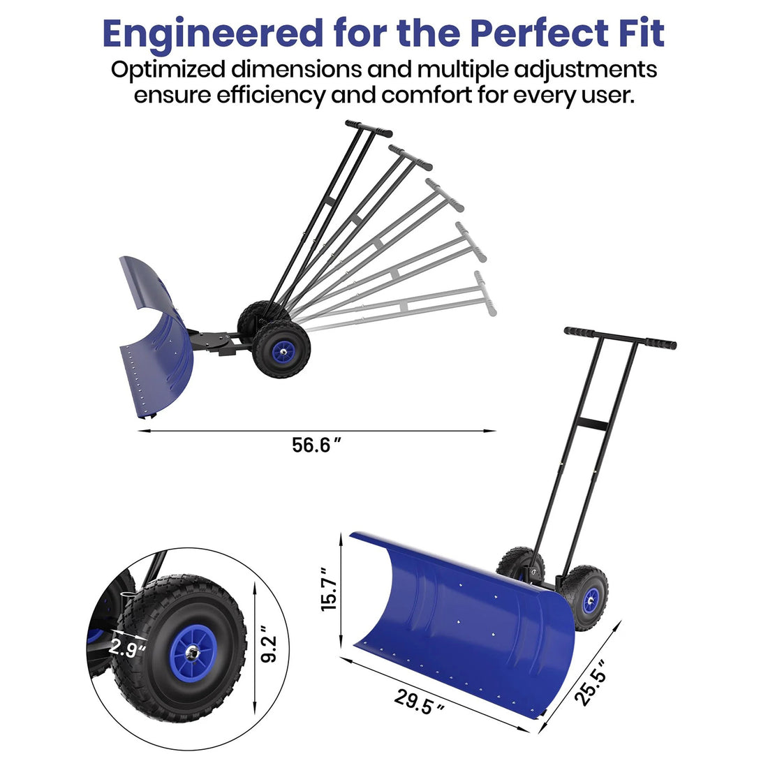 Garvee Schneeschieber mit Rädern 75×40 cm – Doppelstange, Stahlklinge, Verstellbarer Griff, Gummiräder