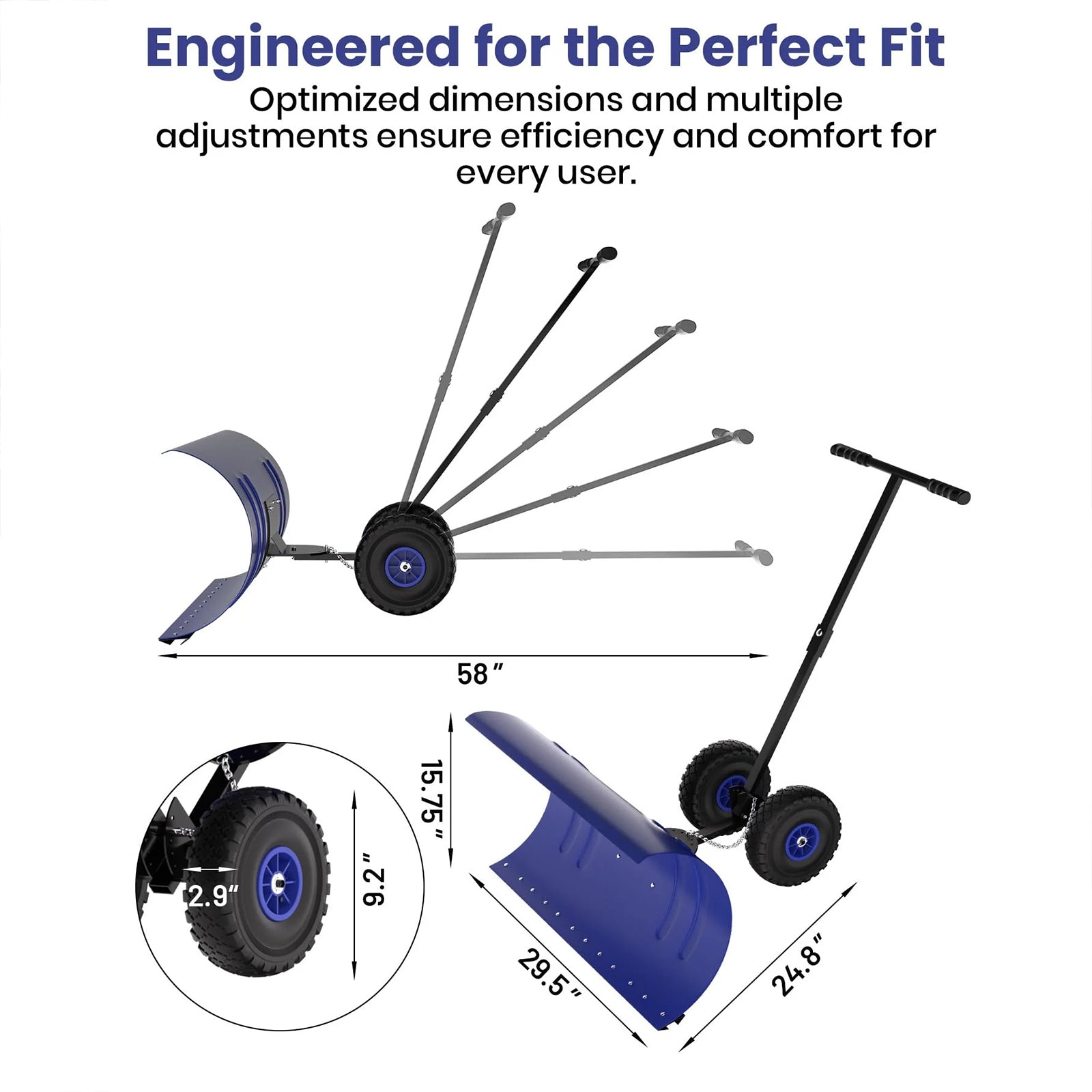 Garvee Schneeschieber mit Rädern – 75x40 cm Stahl-Klinge, 5-fach höhen- & neigungsverstellbar, klappbar & rückenschonend für Einfahrt und Gehweg (Blau)