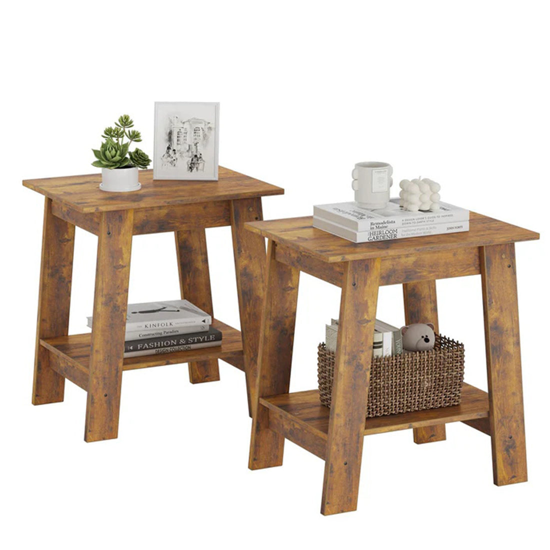 Garvee Beistelltisch Set 2er – Mit 2 Ablagen, Kompakt, Holz & Metall, Stabil, Braun