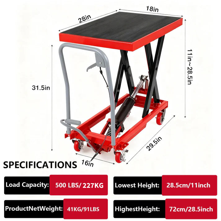 GARVEE Manueller Hydraulik-Hebetisch – 227 kg (227 kg) Tragkraft, 72 cm Hubhöhe, 4 Rollen (Rot)
