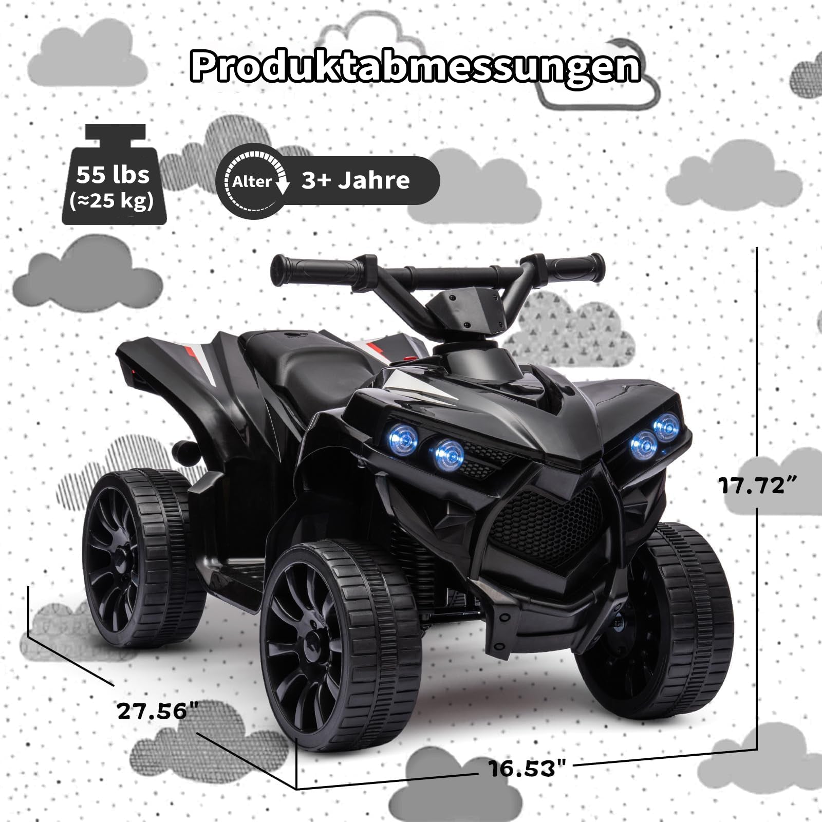 Garvee 6V Kinder Elektro-ATV – LED, Musik, Sicheres Fahren, Schwarz, Ab 3 Jahren