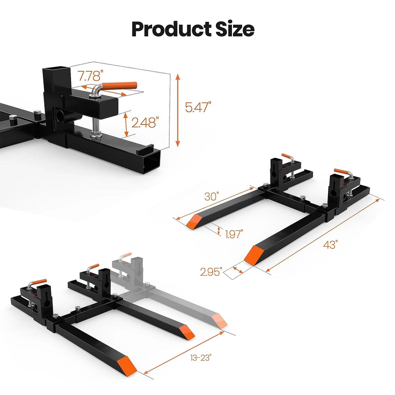 Garvee Palettengabel 109 cm – 907 kg Tragkraft, Stahl, Verstellbare Stabilisatorstange für Traktor-Schaufeln