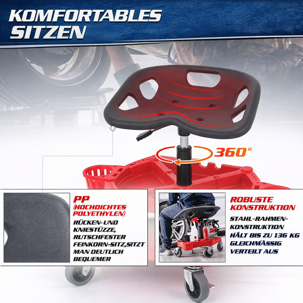 Garvee Mechaniker-Rollhocker – Höhenverstellbar (51-64 cm), 136 kg Tragkraft, mit verriegelbaren Rollen für Werkstatt & Garage