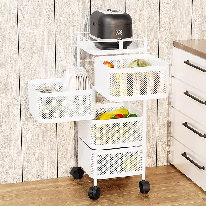 Garvee Rollwagen 4-lagig Weiß Metall 78 x 28 x 28 cm Küchenwagen für Erweiterte Stauraumlösungen in Küche, Keller und Werkstatt mit Leichtem Manövrieren