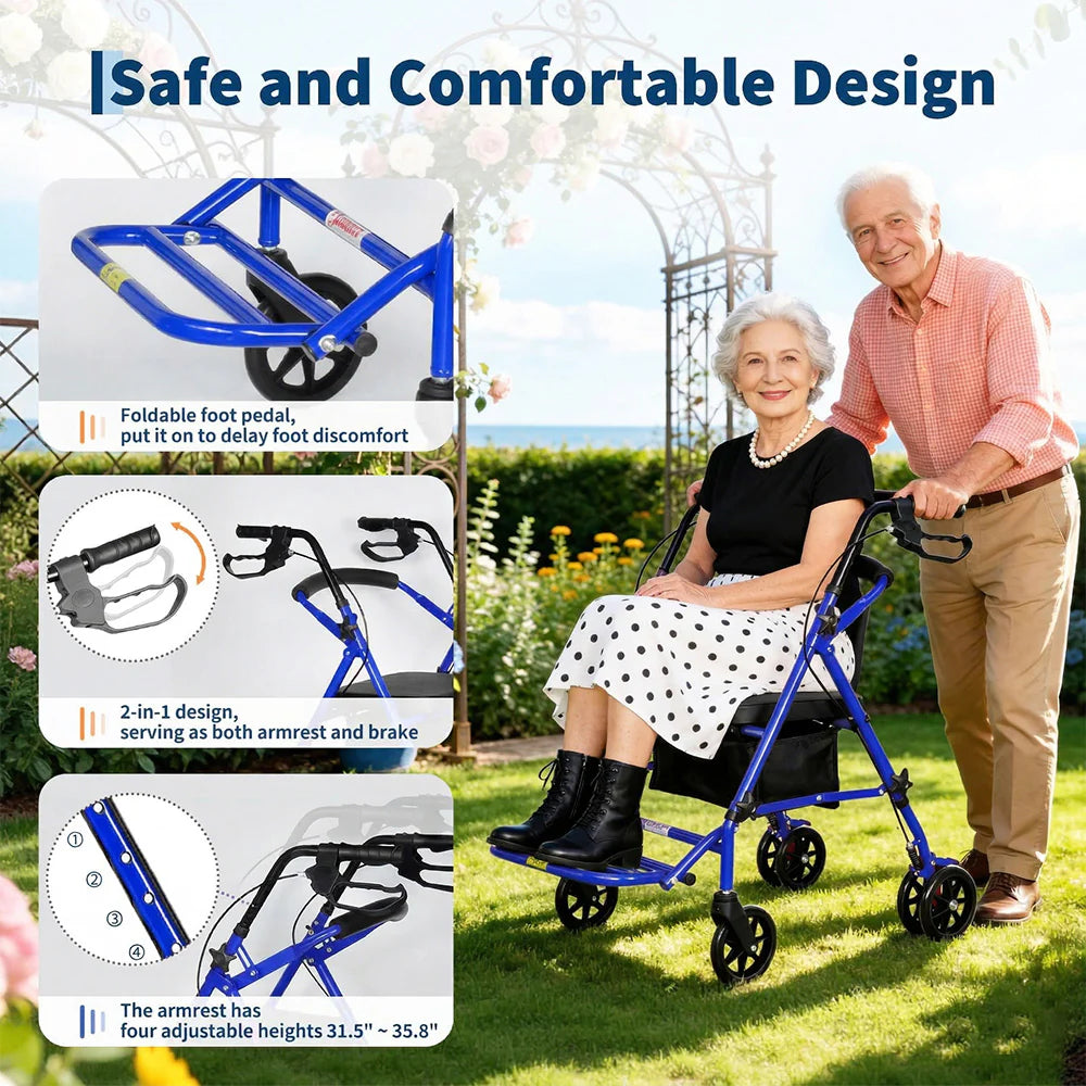 Garvee Rollator faltbar mit 4 Rädern, höhenverstellbare Gehhilfe mit Sitz und Doppelbremse, stabiler Stahlrahmen, 80–90 cm, für Innen- & Außenbereich, Blau