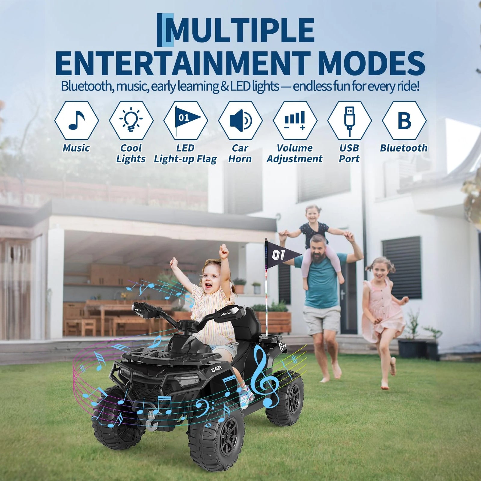 Garvee Schwarz Elektro-Quad 12V für Kinder – Mit Fernbedienung, 2x35W Motoren, Musik & LED für Kinder 3-8 Jahre