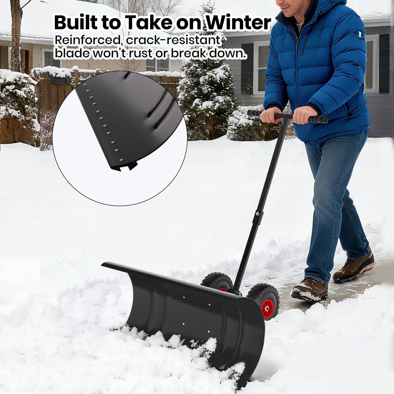 Garvee Schneeschieber mit Rädern 90×40 cm – Einzelstange, Stahlklinge, Verstellbarer Griff, Gummiräder