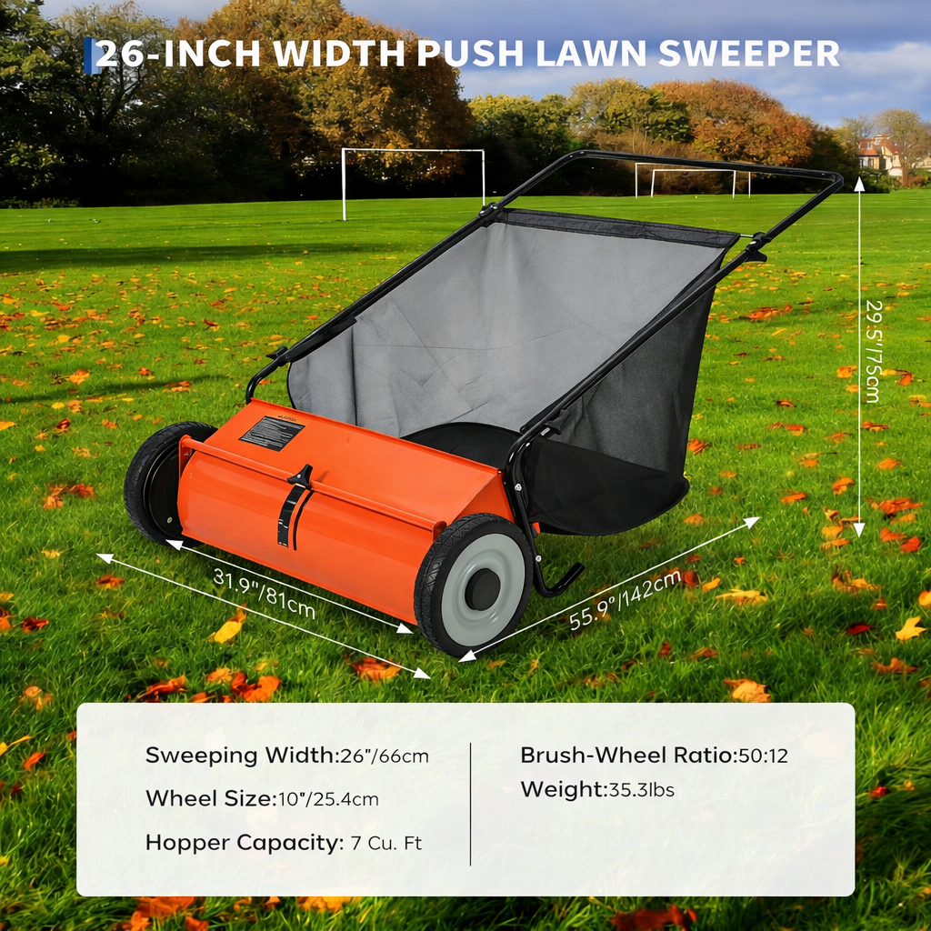 Garvee Rasenkehrer 66 cm Mit 4 Bürsten, 200 L Beutel, Höhenverstellbar, Stahlrahmen, Orange
