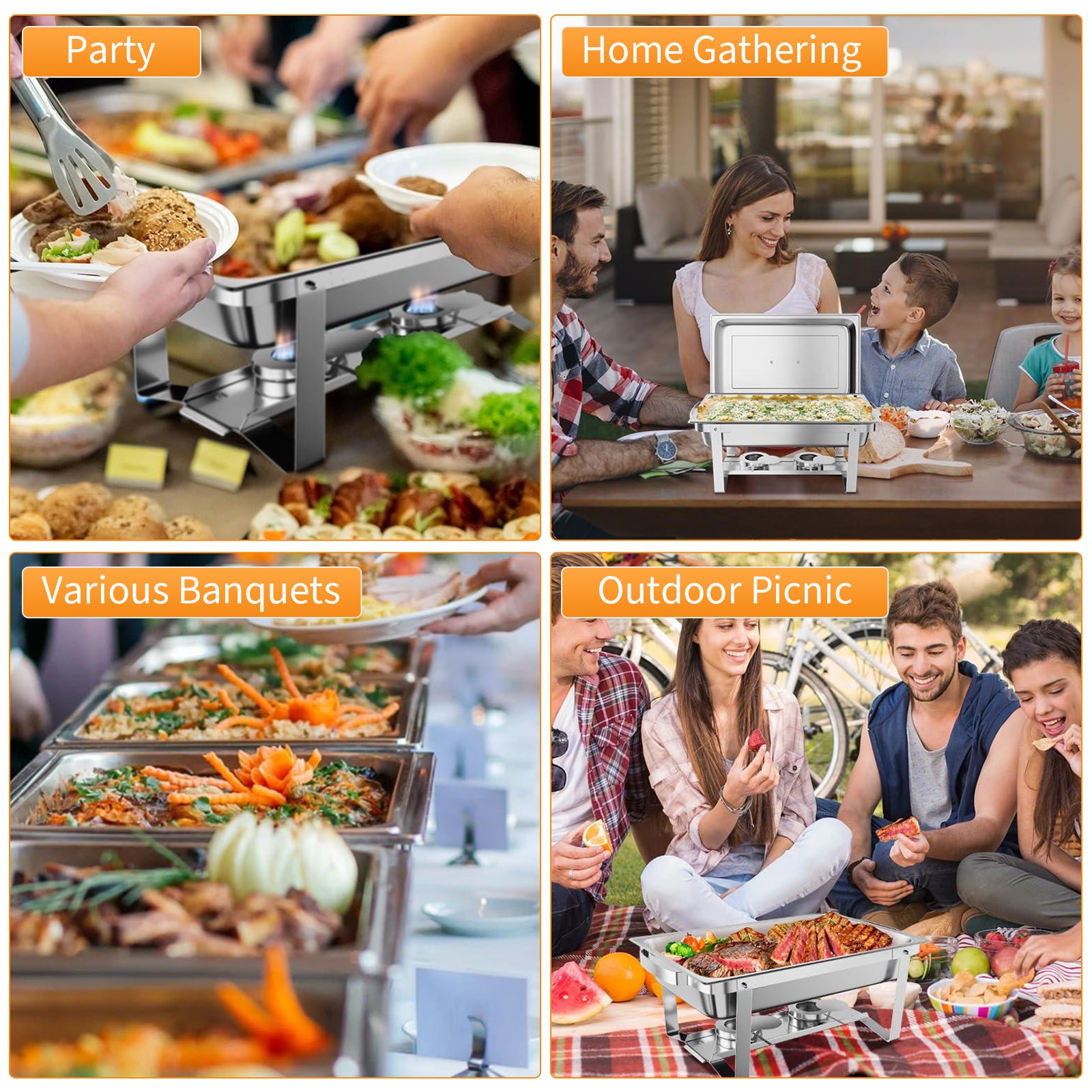 Garvee Chafing Dish Buffet Set 6x8Qt – Edelstahl, Klapprahmen, Warmhalter für Catering & Events