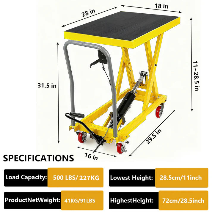 Garvee Manueller Hydraulik-Hebetisch – 227 kg (227 kg) Tragkraft, 72 cm Hubhöhe, 4 Rollen (Gelb) )