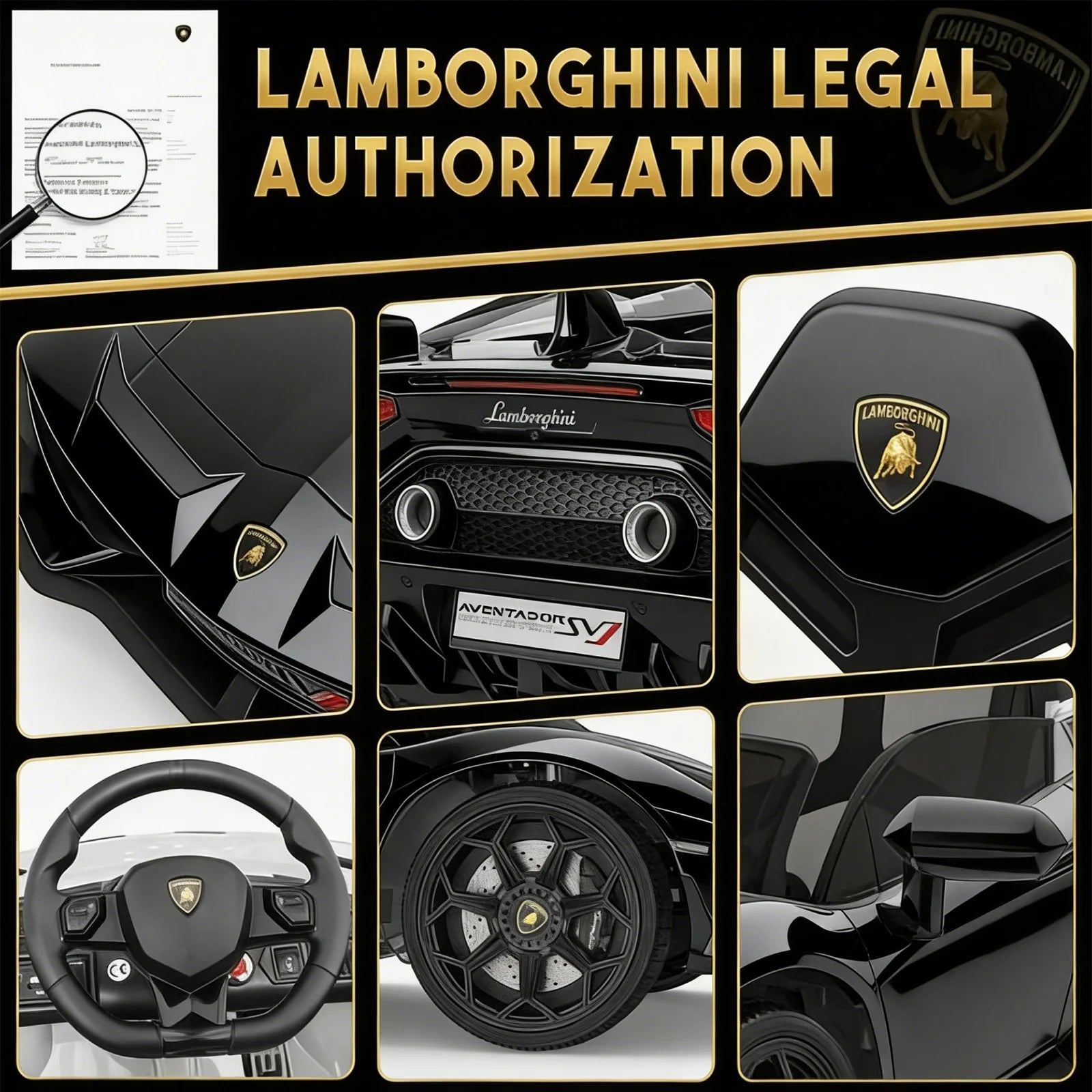 GARVEE 12V Lamborghini Kinderauto Elektrofahrzeug, Mit Eltern-Fernbedienung, LED-Beleuchtung, Soundsystem und Federung, Kinder Elektroauto für Jungen und Mädchen von 3–8 Jahren, Schwarz