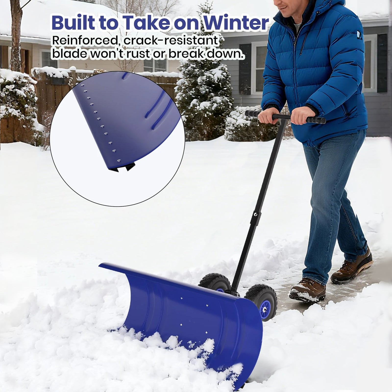 Garvee Schneeschieber mit Rädern – 75x40 cm Stahl-Klinge, 5-fach höhen- & neigungsverstellbar, klappbar & rückenschonend für Einfahrt und Gehweg (Blau)