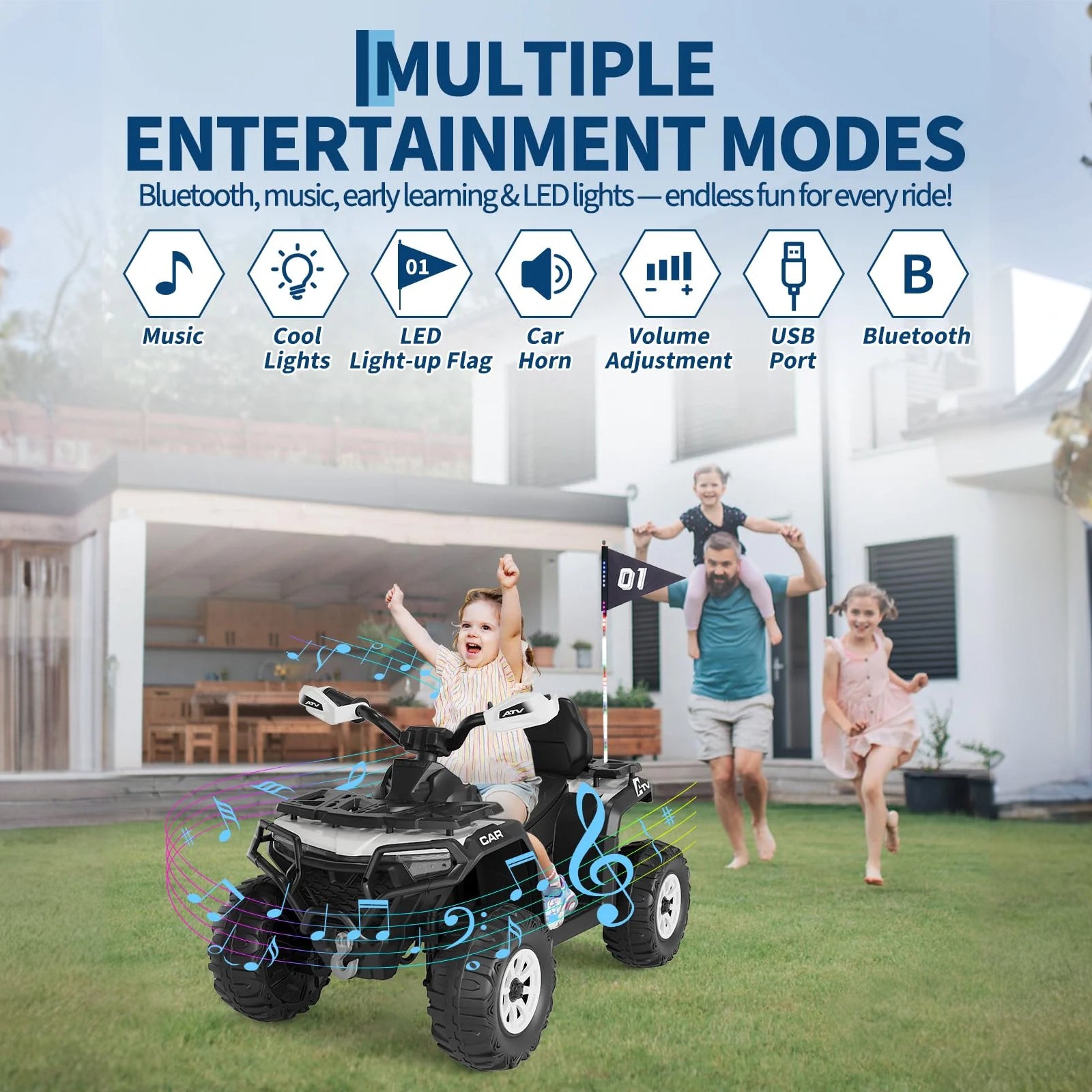 Garvee Silber Elektro-Quad 12V für Kinder – Mit Fernbedienung, 2x35W Motoren, Musik & LED für Kinder 3-8 Jahre