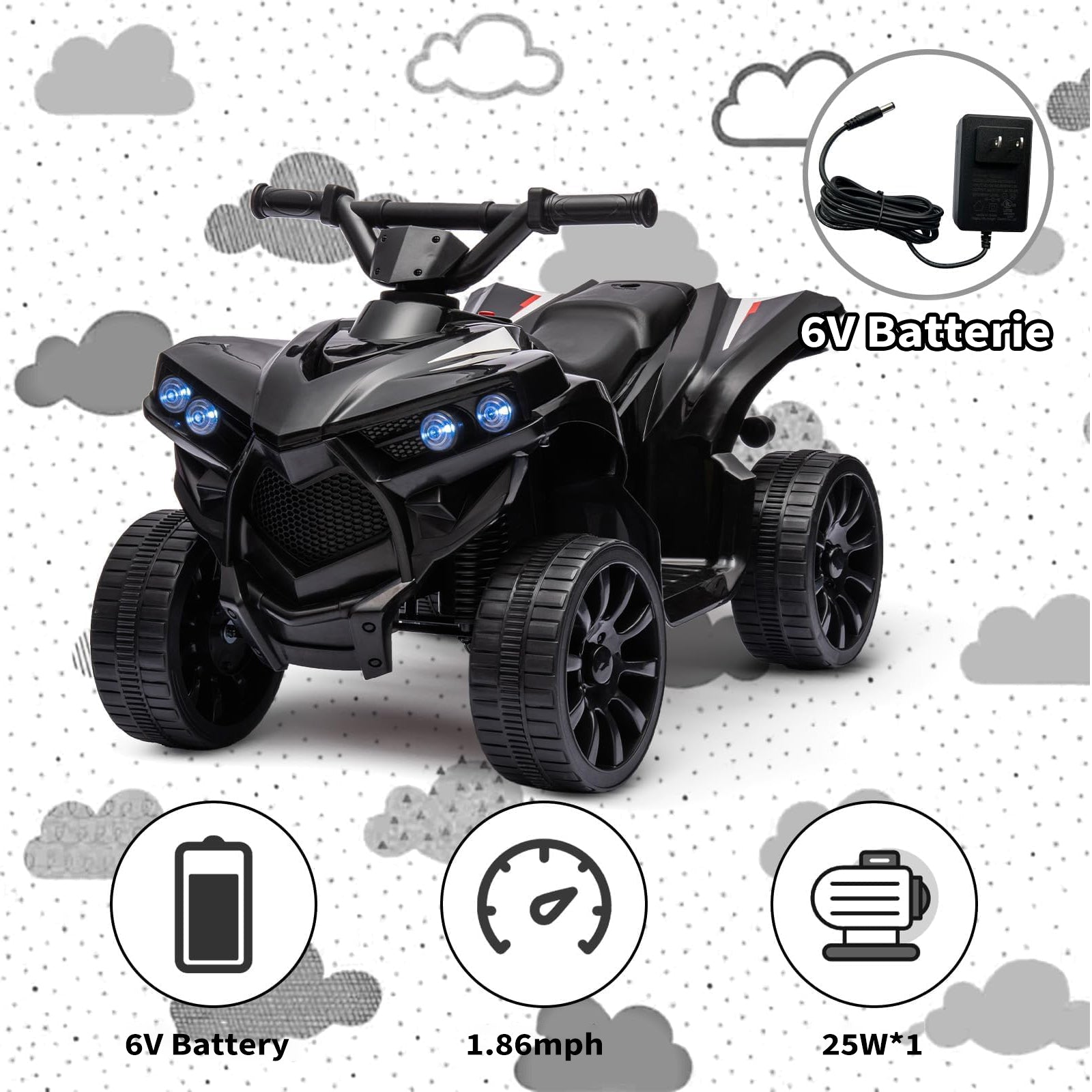 Garvee 6V Kinder Elektro-ATV – LED, Musik, Sicheres Fahren, Schwarz, Ab 3 Jahren