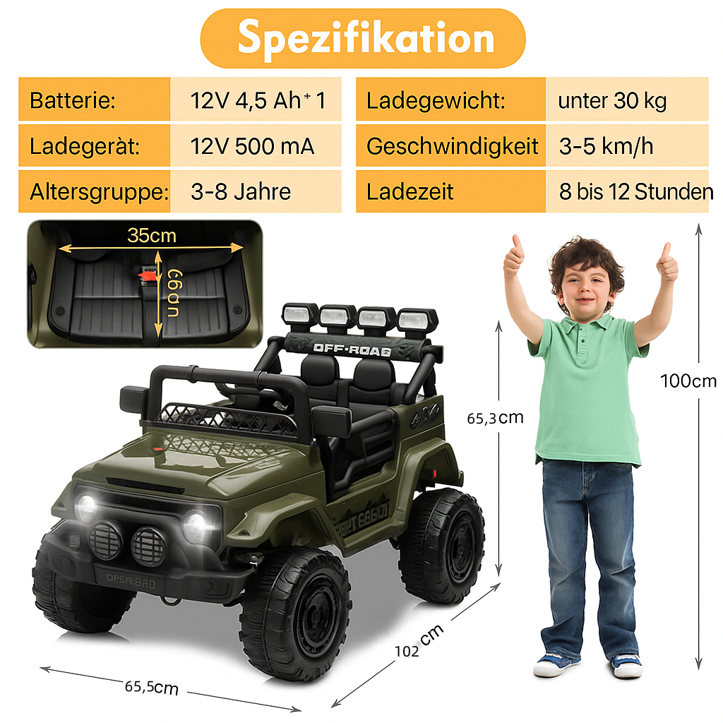 Garvee Armeegrün Elektroauto für Kinder 12V mit Fernbedienung – 2-Sitzer, 5 km/h, Musik & LED-Lichter, 3-8 Jahre