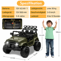 Garvee Armeegrün Elektroauto für Kinder 12V mit Fernbedienung – 2-Sitzer, 5 km/h, Musik & LED-Lichter, 3-8 Jahre
