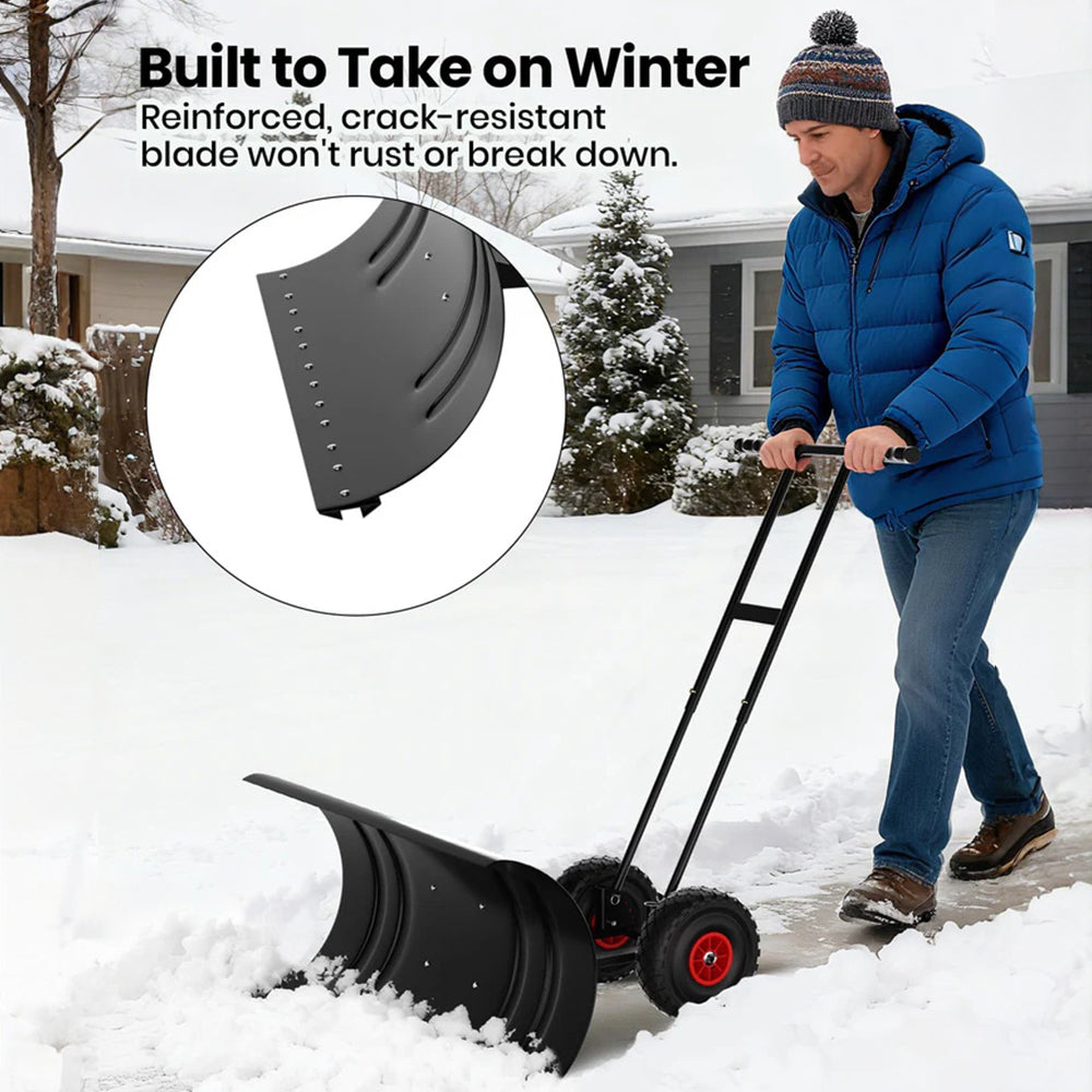 Garvee Schneeschieber mit Rädern 75×40 cm – Doppelstange, Stahlklinge, Verstellbarer Griff, Gummiräder
