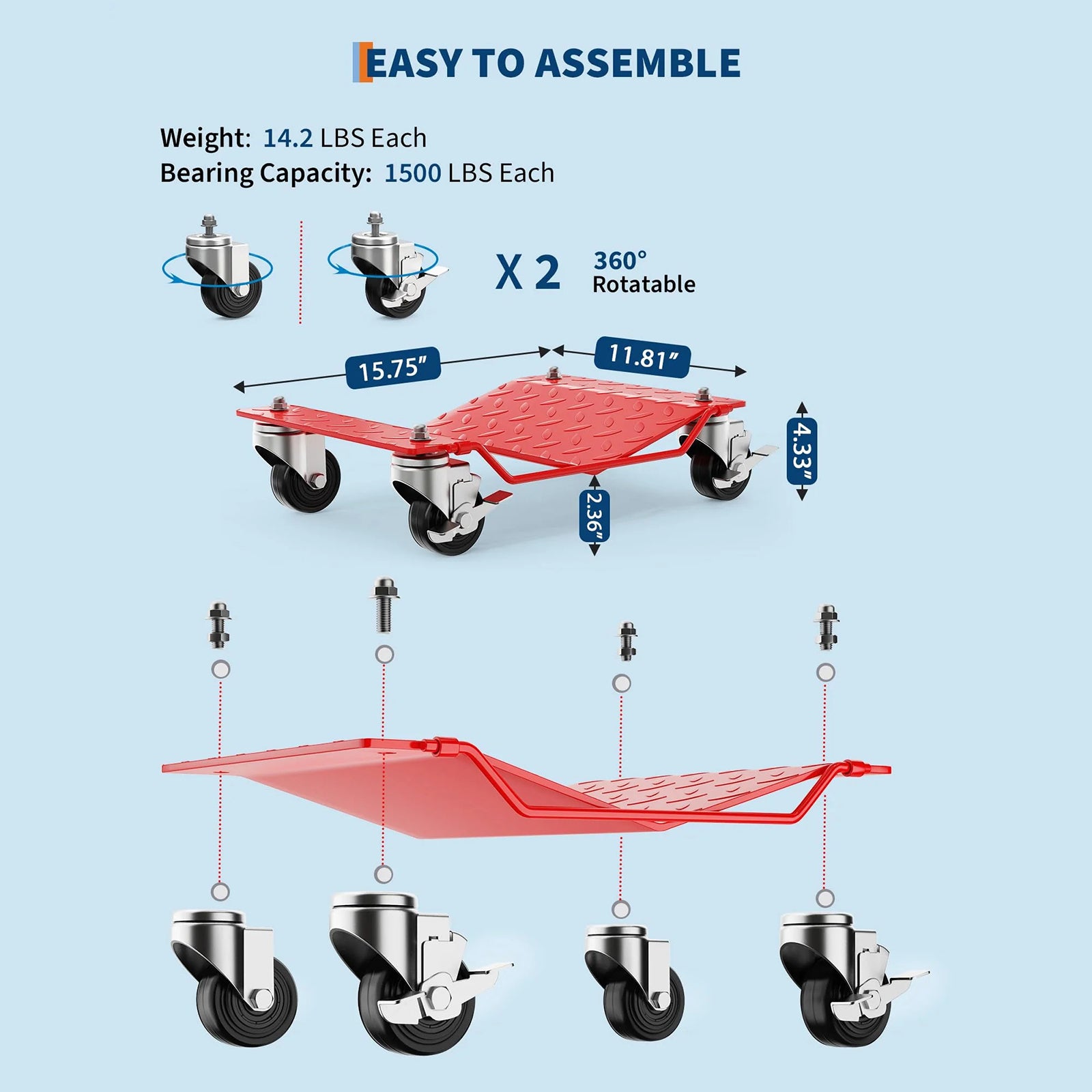 Garvee Auto-Rad Dolly Set 4 Stück – V-Form, 1500 lbs Tragkraft pro Rolle, Rot