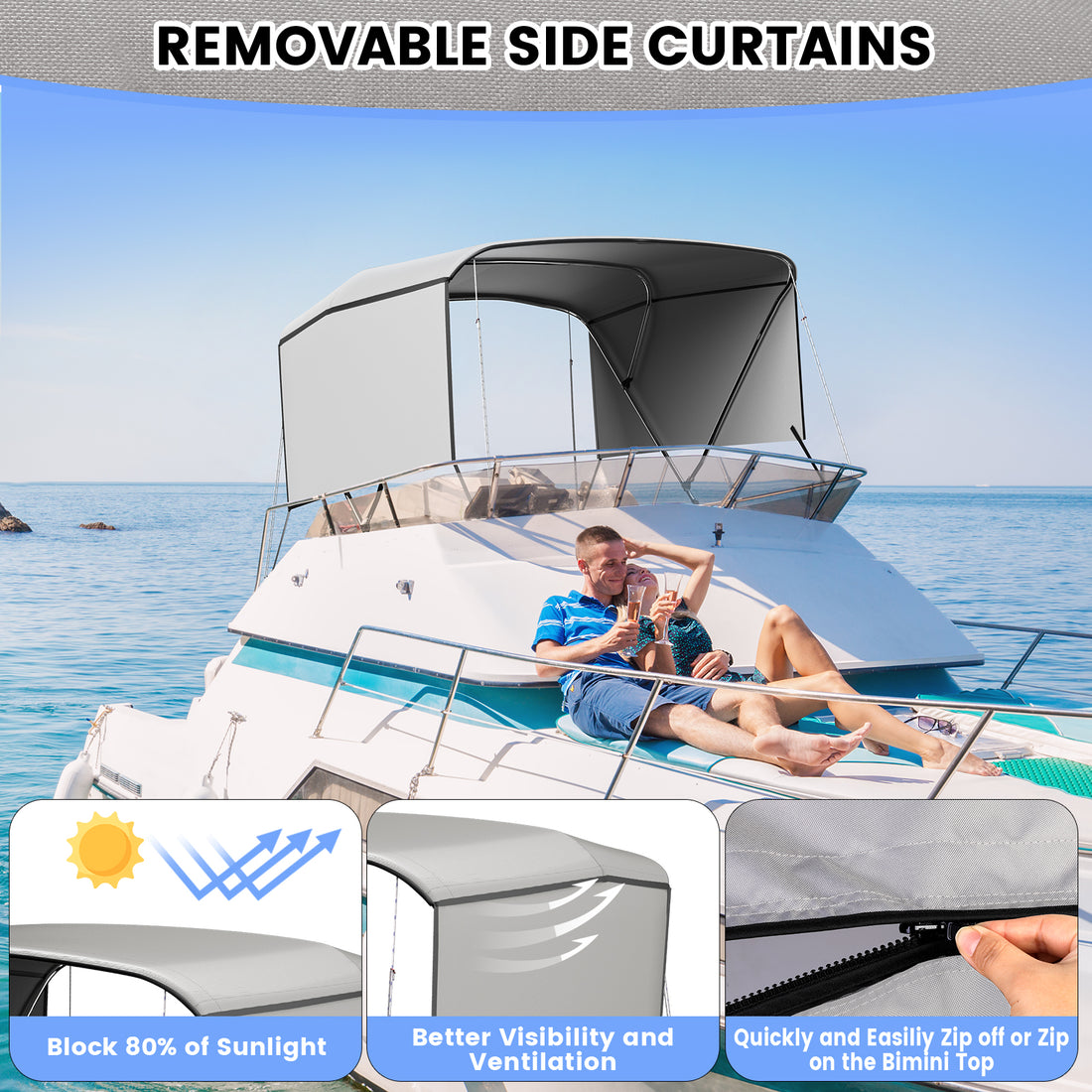 Garvee 3-Bogen-Bimini-Top-Bootsabdeckung, Abnehmbare Seiten, Verstellbar, Marine Canvas, UV-Schutz, Verstellbar 137–152 cm, Grau
