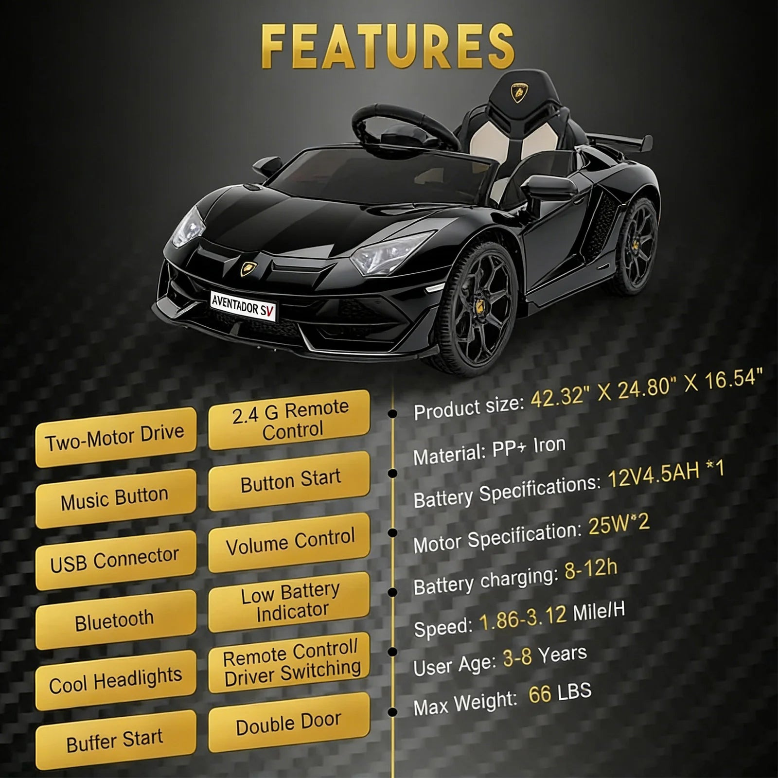 GARVEE 12V Lamborghini Kinderauto Elektrofahrzeug, Mit Eltern-Fernbedienung, LED-Beleuchtung, Soundsystem und Federung, Kinder Elektroauto für Jungen und Mädchen von 3–8 Jahren, Schwarz