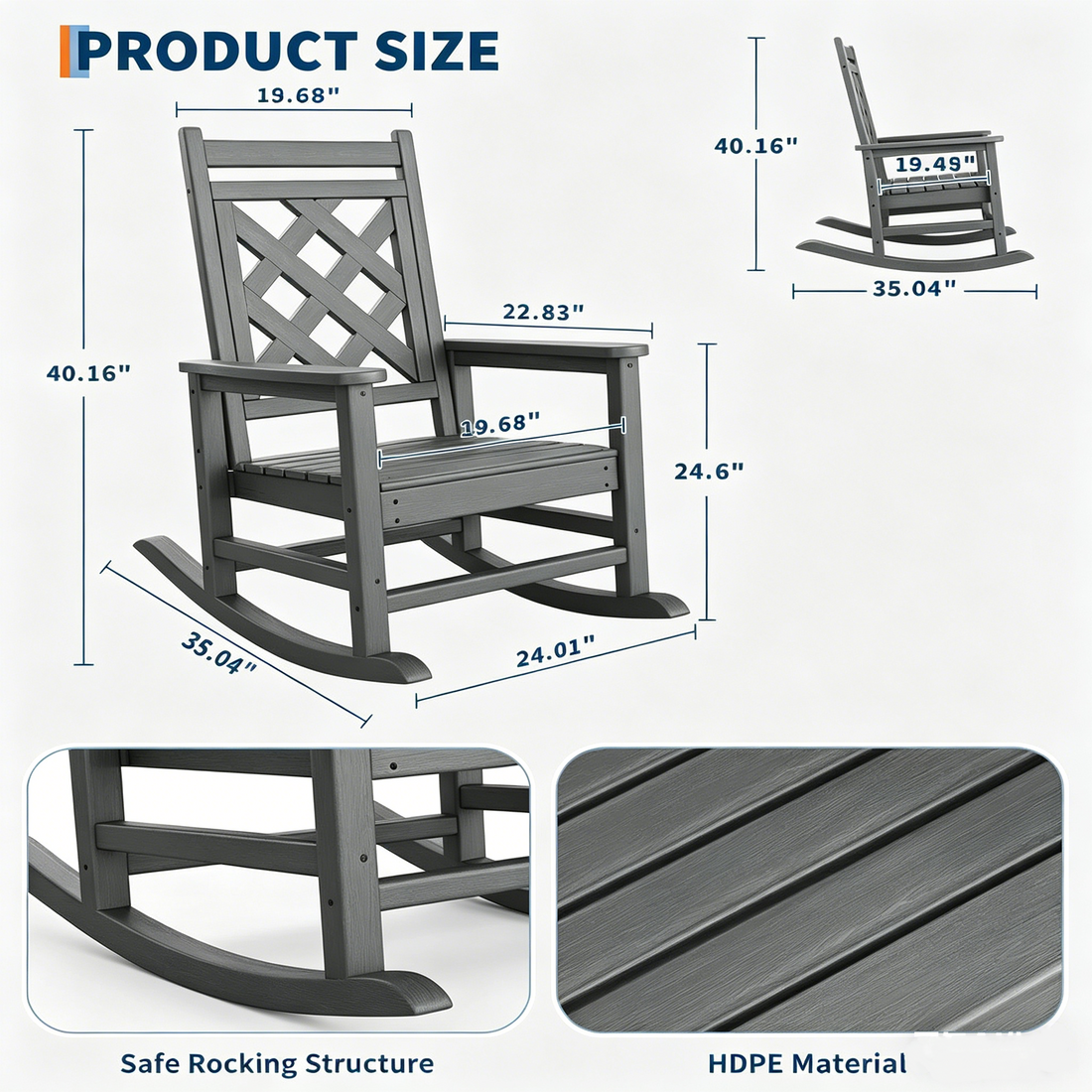 Garvee Outdoor Schaukelstuhl HDPE Holzoptik, 172 Kg Tragkraft, Ergonomisch, Wetterfest, Für Garten & Terrasse