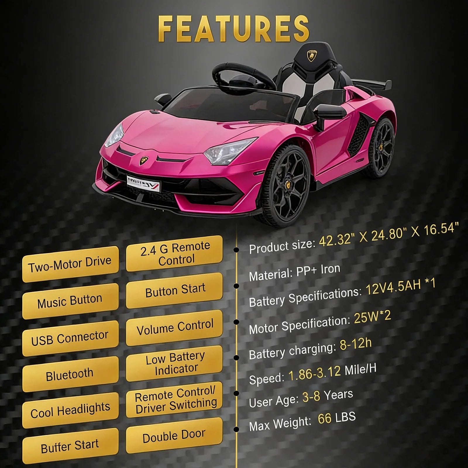 GARVEE 12V Lamborghini Kinderauto Elektrofahrzeug, Mit Eltern-Fernbedienung, LED-Beleuchtung, Soundsystem und Federung, Kinder Elektroauto für Jungen und Mädchen von 3–8 Jahren, Rosa