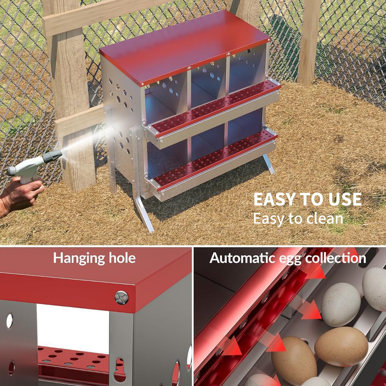 Garvee Hühner Nistkästen 6 Fächer Metall, 69x43x78 cm Gesamt Mit Ständer, 23x25x21.5 cm Pro Fach, Wasserdicht Verzinkter Stahl, Für 6 Hühner (Rot)