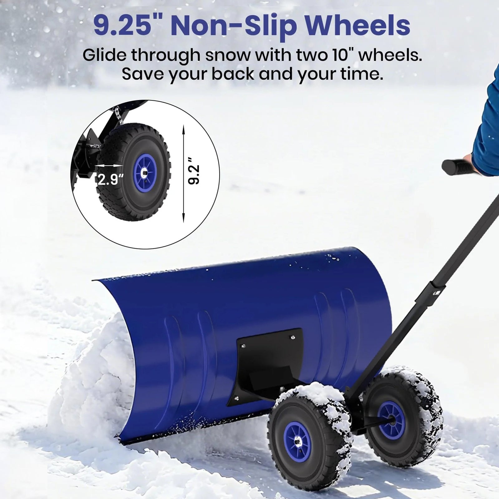 Garvee Schneeschieber mit Rädern – 75x40 cm Stahl-Klinge, 5-fach höhen- & neigungsverstellbar, klappbar & rückenschonend für Einfahrt und Gehweg (Blau)