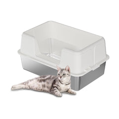 Garvee Edelstahl Katzentoilette Extra Groß Mit Hohen Seitenwänden Für Katzen 60 x 40 x 31.5 cm Weiß
