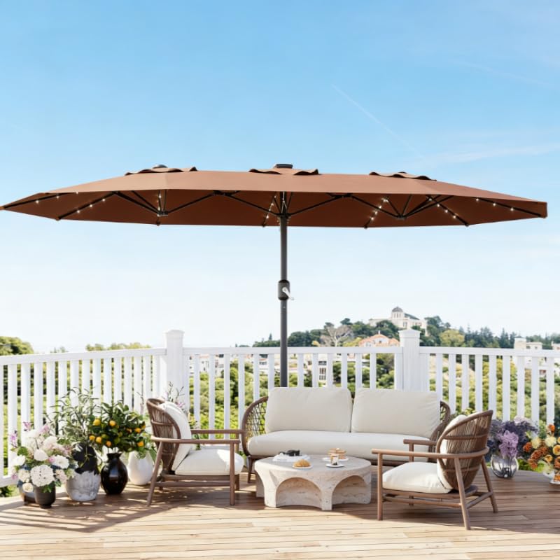 Garvee 270×450 cm Rechteck-Sonnenschirm mit Solar-LED-Beleuchtung & Standfuß, UV-beständiger Gartenschirm mit Kurbelgriff, für Terrasse, Pool & Garten, Braun