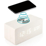 Garvee Holz Digitaler Wecker Mit 3 Alarmen, LED Anzeige, Kabelloses Laden, Sprachsteuerung, Weißes Holz, Schlafzimmer & Büro, 16x7x7cm