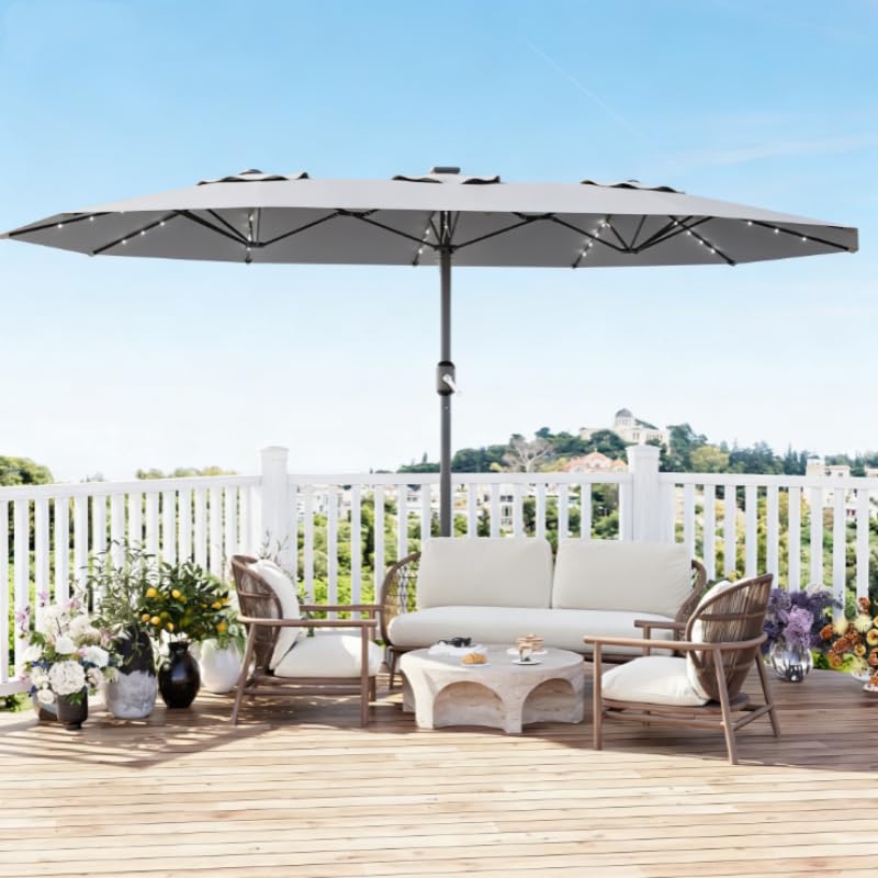 Garvee 270×450 cm Rechteck-Sonnenschirm mit Solar-LED-Beleuchtung & Standfuß, UV-beständiger Gartenschirm mit Kurbelgriff, für Terrasse, Pool & Garten, Grau