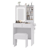 Garvee Coiffeuse mit LED-Spiegel, 3 Lichtmodi, Ladestation, Hocker, viel Stauraum, Weiß - Weiß
