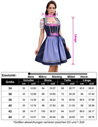Garvee Damen Midi Dirndl 3tlg Trachtenkleid Mit Weiße Spitzenbluse Und Schürze Für Oktoberfest Navy Blau 34