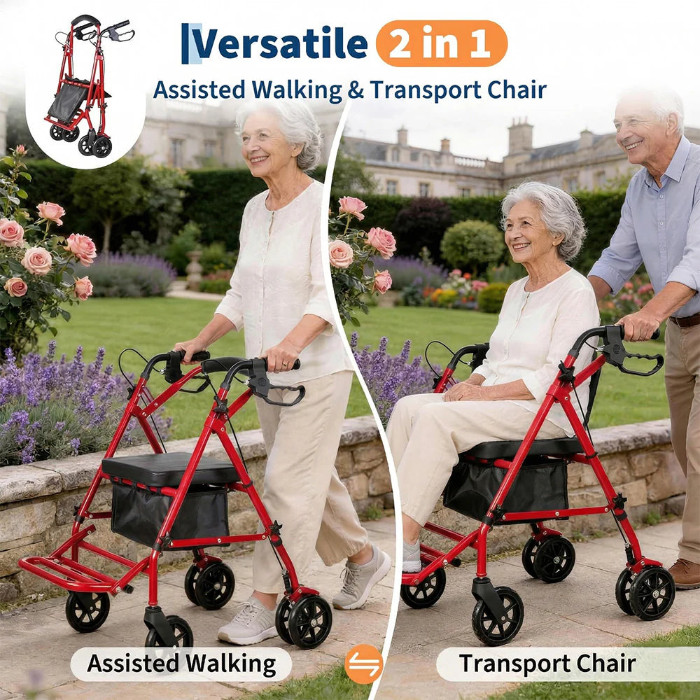 Garvee roter 2-in-1 Rollator mit 4 Rädern