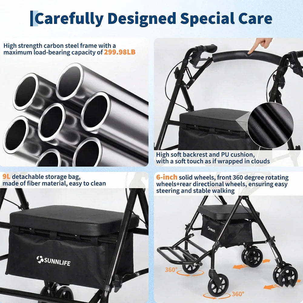 Garvee Rollator mit 15 cm PVC Rädern für Innen und Außen
