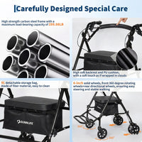 Garvee Rollator faltbar mit 4 Rädern, höhenverstellbare Gehhilfe mit Sitz und Doppelbremse, stabiler Stahlrahmen, 80–90 cm, für Innen- & Außenbereich, Schwarz