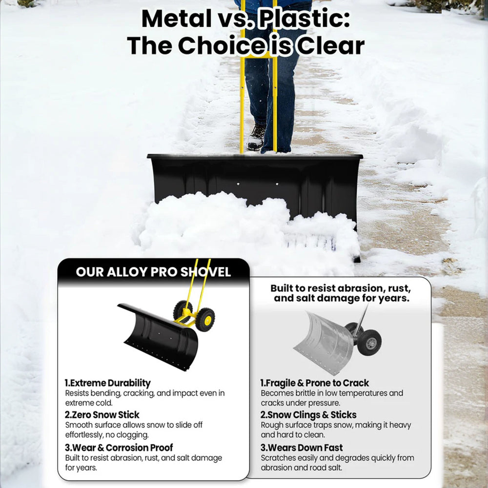 Garvee Schneeschieber mit Rädern 90×40 cm – Doppelstange, Stahlklinge, Verstellbarer Griff, Gummiräder