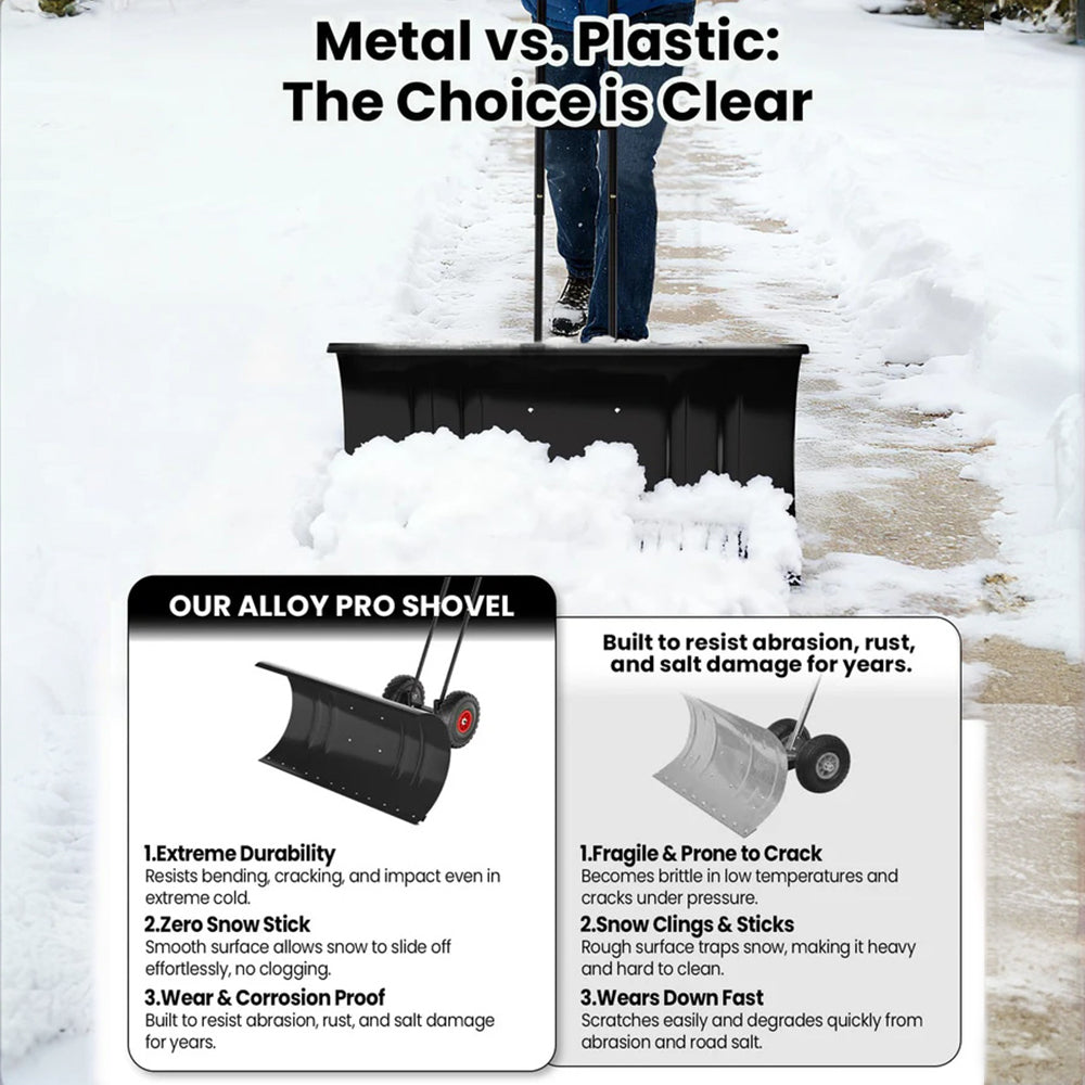 Garvee Schneeschieber mit Rädern 90×40 cm – Doppelstange, Stahlklinge, Verstellbarer Griff, Gummiräder