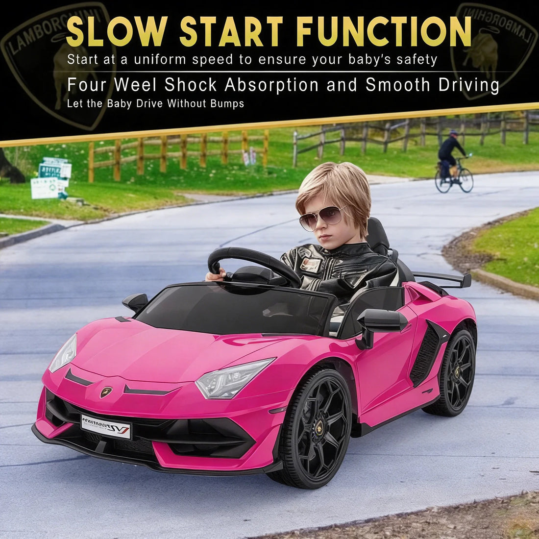 GARVEE 12V Lamborghini Kinderauto Elektrofahrzeug, Mit Eltern-Fernbedienung, LED-Beleuchtung, Soundsystem und Federung, Kinder Elektroauto für Jungen und Mädchen von 3–8 Jahren, Rosa