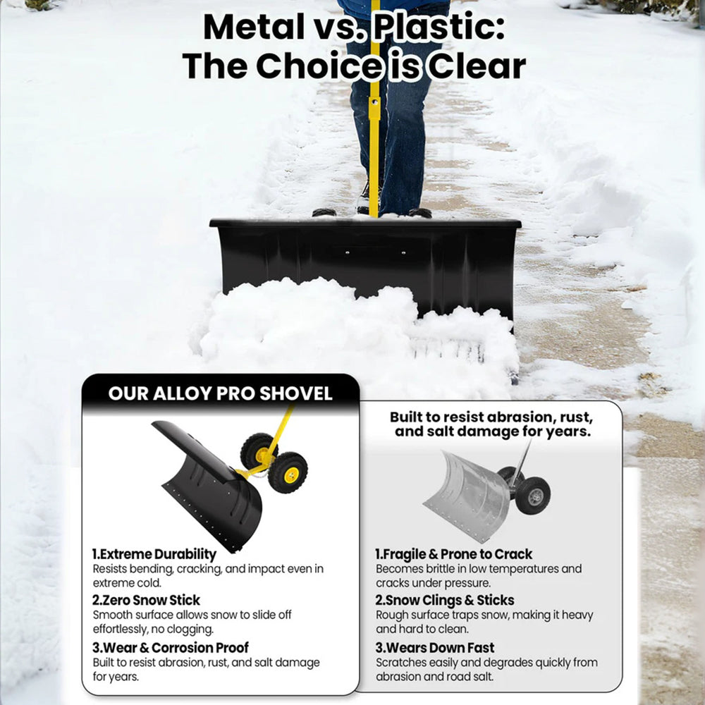 Garvee Schneeschieber mit Rädern 90×40 cm – Einzelstange, Stahlklinge, Verstellbarer Griff, Gummiräder