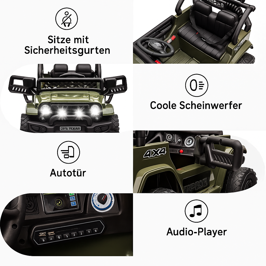 Garvee Armeegrün Elektroauto für Kinder 12V mit Fernbedienung – 2-Sitzer, 5 km/h, Musik & LED-Lichter, 3-8 Jahre