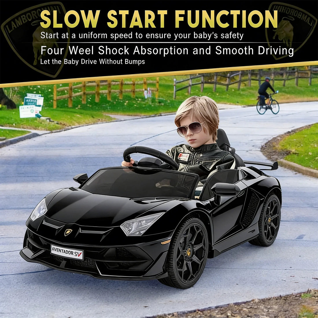 GARVEE 12V Lamborghini Kinderauto Elektrofahrzeug, Mit Eltern-Fernbedienung, LED-Beleuchtung, Soundsystem und Federung, Kinder Elektroauto für Jungen und Mädchen von 3–8 Jahren, Schwarz